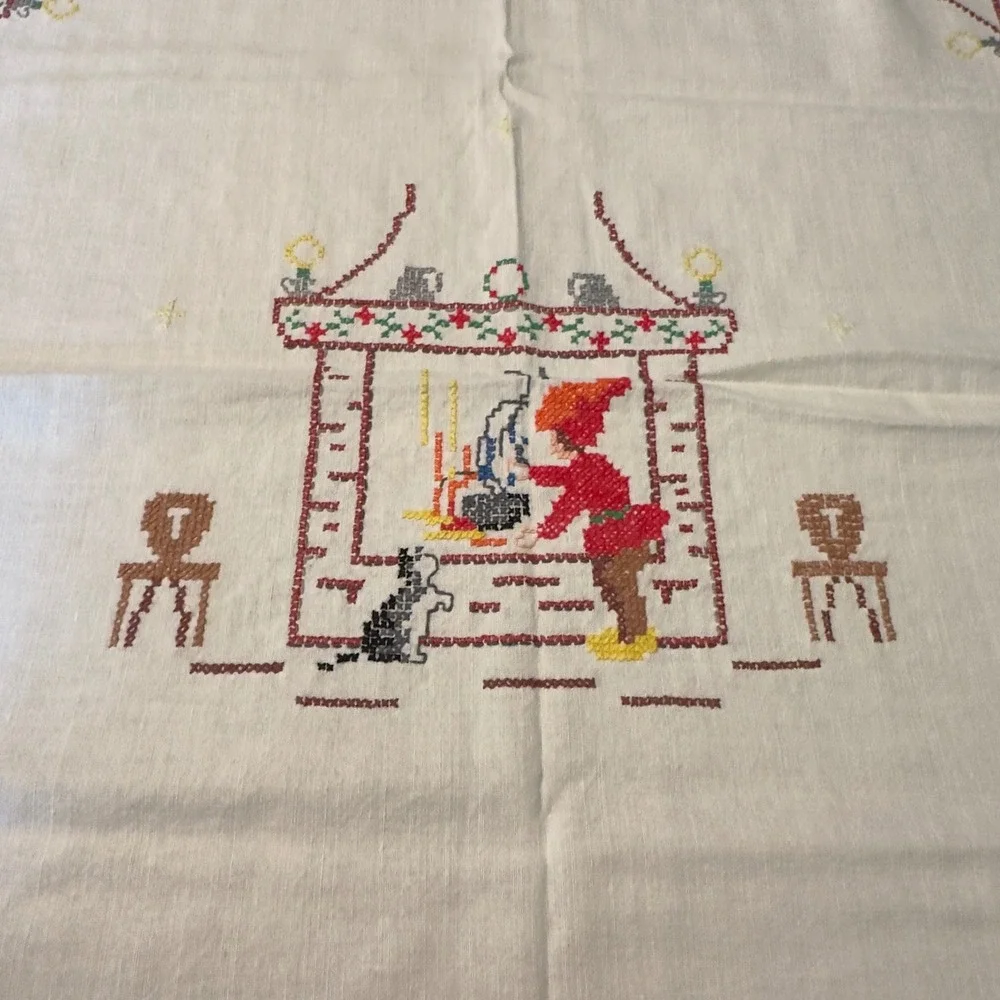 Vtg Tablecloth Embroidered Christmas Gnome Folk Art Linen 49x54 Scandinavian